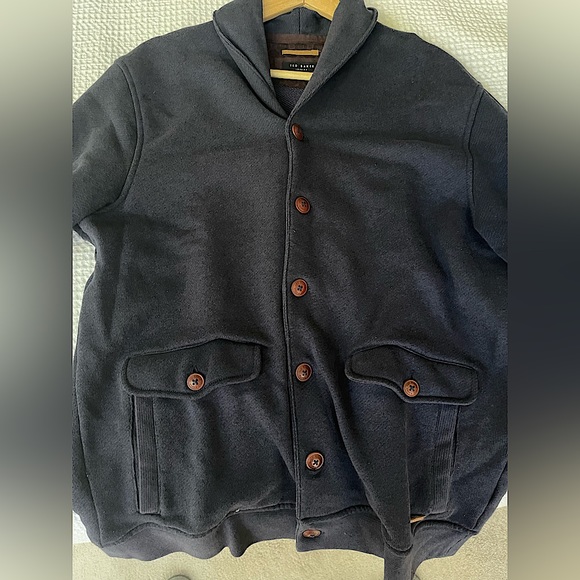 Ted Baker of London Cotton Sweater With Shawl Collar in Navy Blue With Pockets. - Picture 1 of 5